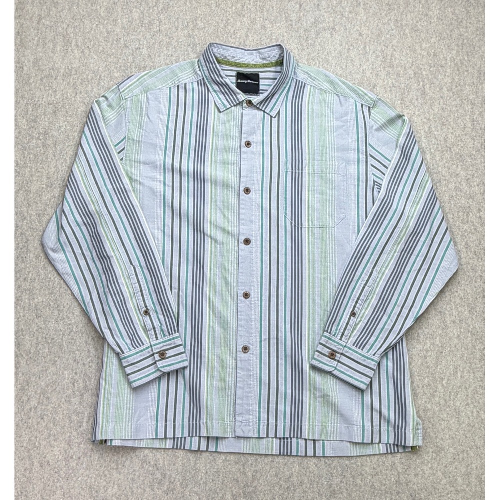 Tommy Bahama Button Up Shirt Men XXL Blue Green Striped Silk Blend Coastal Beach